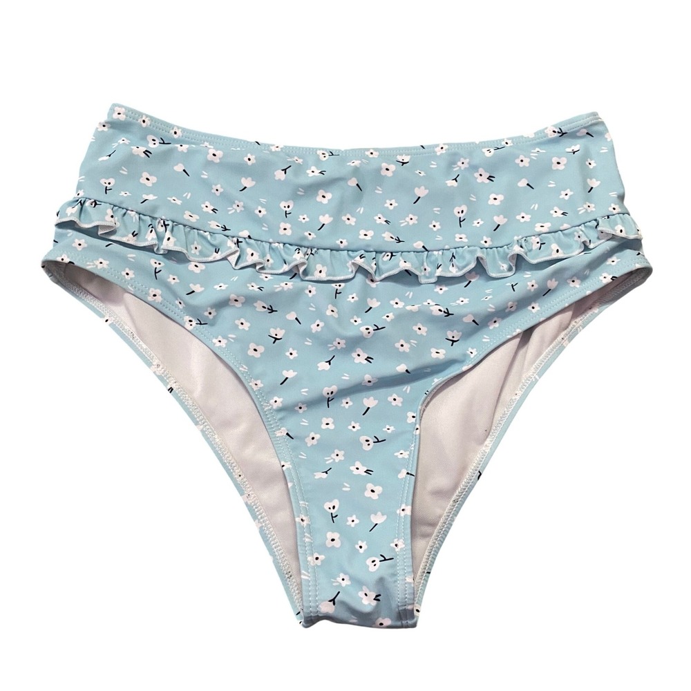 Bikini bottom Women XL Blue Floral Ruffle High waist Swimwear